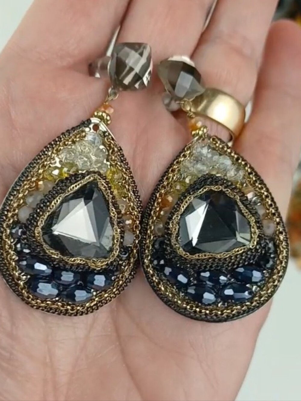 Rhinestone Chrystal Encrusted Chain Frame Silver & Gold Tone Edgy Glam Earrings